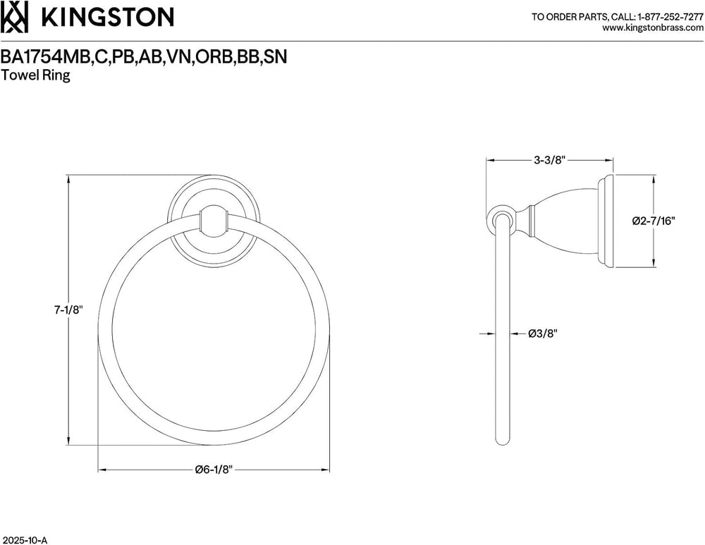 Kingston Brass BA1754SN Towel-Ring, 6", Brushed Nickel