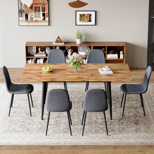 59"-75" Extendable Dining Table Set for 6, Mid Century Dining Room Table Set for 6, Modern Wood Kitchen Table Upholstered Chairs Set of 6, Ideal for Dining Room,Office, Space-Saving, Easy to Assemble