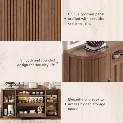 63" Sideboard Buffet Cabinet with Storage, Modern Fluted Credenza, Walnut