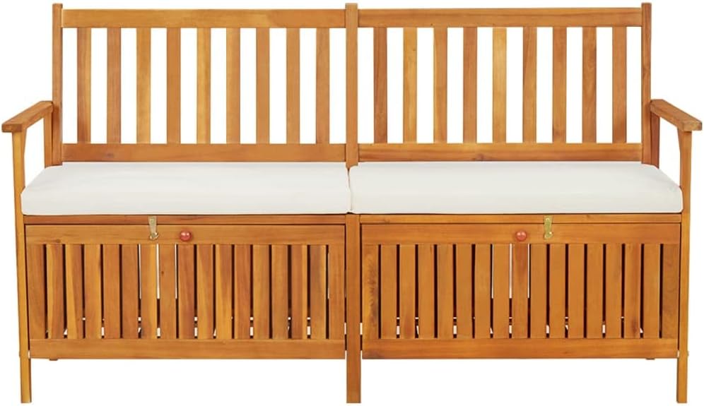 Outdoor Storage Bench with Cream Cushion, 67 Inch Acacia Wood Patio Entryway ...