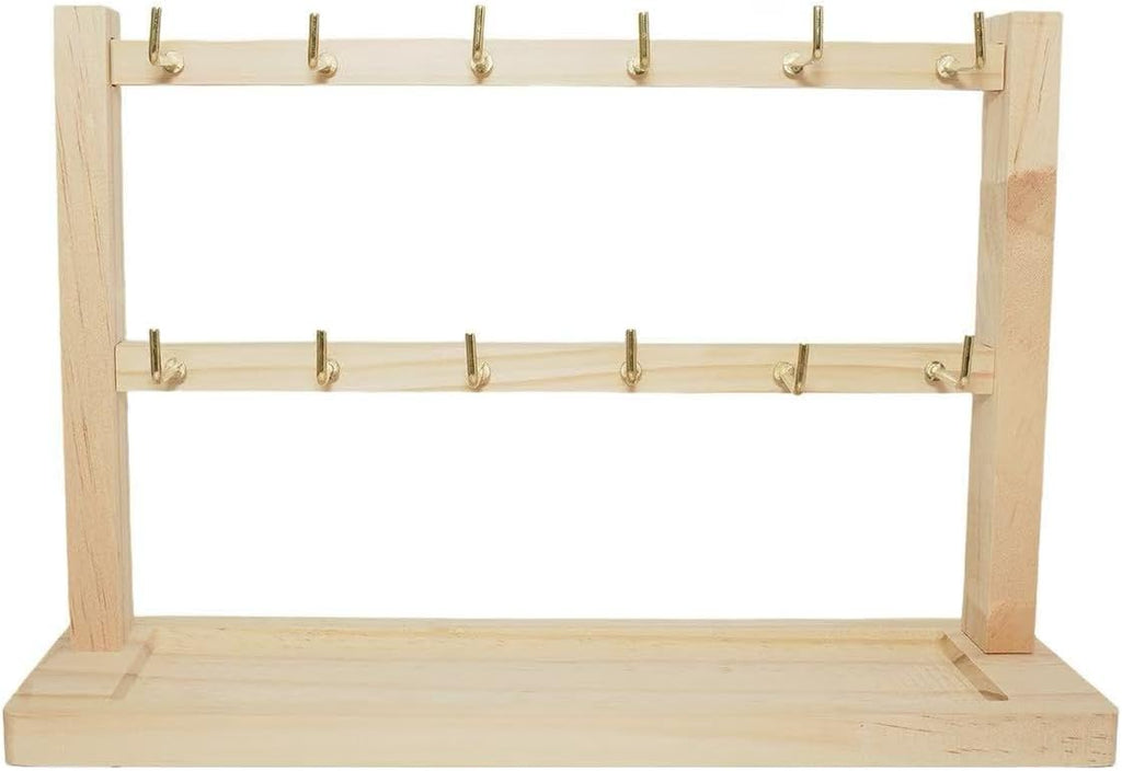 2 Layers of Wooden Display Eacks With Hooks for Necklaces. Rings, Earrings, Bracelets, And Other Jewelry Storage Display Rack