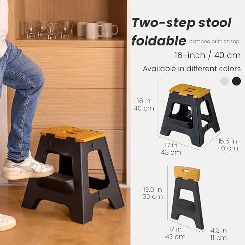 Vigar Compact Folding Step Stool, 16 in 2 Step, Black Bamboo Print | 16 in Fo...