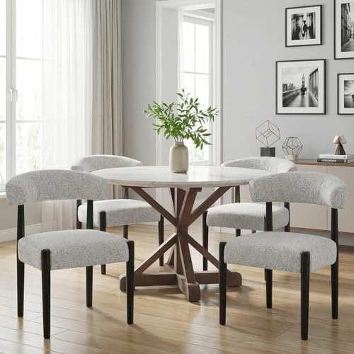 VKNOW Wooden Dining Chairs Set of 6 with Black Wood Legs, Curved Backrest