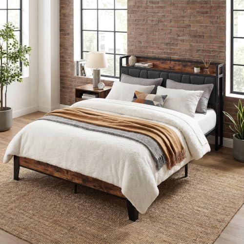 LIKIMIO Full Size Bed Frame with Storage Headboard and Charging Station