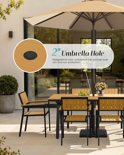 Aluminum Outdoor Dining Set of 6, Patio Table and Stackable Chairs, Teak