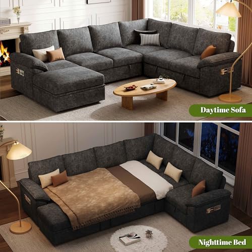 108 Inch Sectional Sleeper Sofa with Pull Out Bed, U Shaped 7 Seat Modular Sectional Sofa with Storage, Sectional Couches for Living Room, Cloud Modular Couch,Removable Sofa Cover, Dark Grey