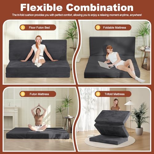 6-Inch Tri-Fold Foldable Mattress, Folding Sofa Bed with Removable Washable C...