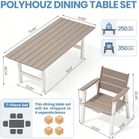 Outdoor Dining Set,7-Piece Patio Table and Chairs Set for 6, HDPE Outdoor Din...