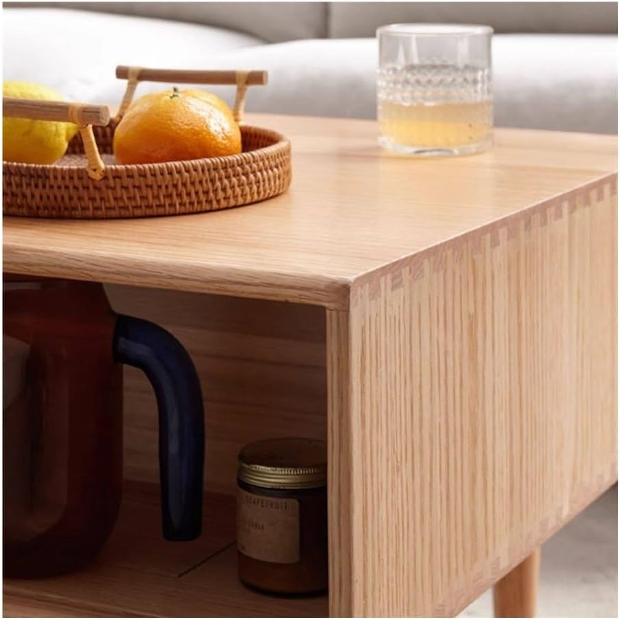 Dual-Sided Storage Coffee Table Sliding Door Drawer Light Finish Small Side T...