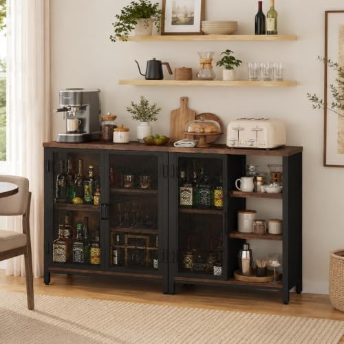 BON AUGURE Small Coffee Bar Cabinet, Liquor Storage, Rustic Oak, 2-Doors