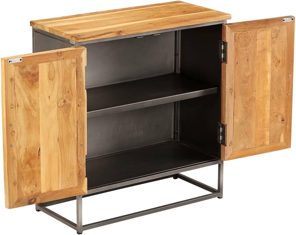 Brown and Grey Recycled Teak and Steel Medium Sideboard with Two Spacious Compartments for Living Room and Dining Room Storage