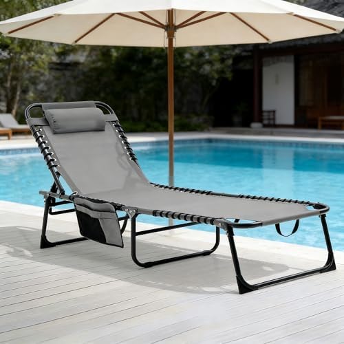 Gray Lounge Chairs for Outside, Folding Beach Lounger with Carrying Handle an...