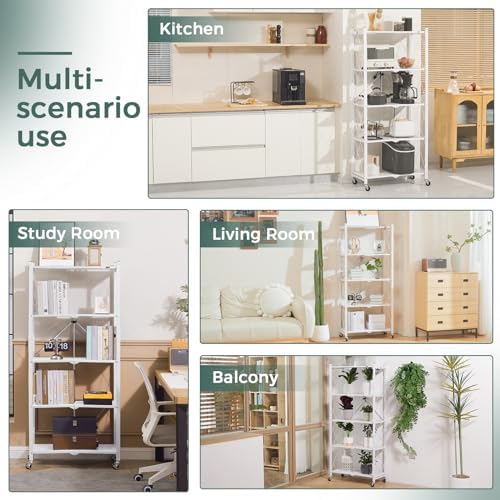 DEANIC 5-Shelf Folding Bookcase with Wheels, Rolling Bookshelf Heavy Duty Sto...
