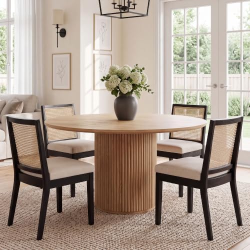 HNY Farmhouse Rattan Dining Chairs Set of 4, Black Solid Hardwood Frame, Upho...