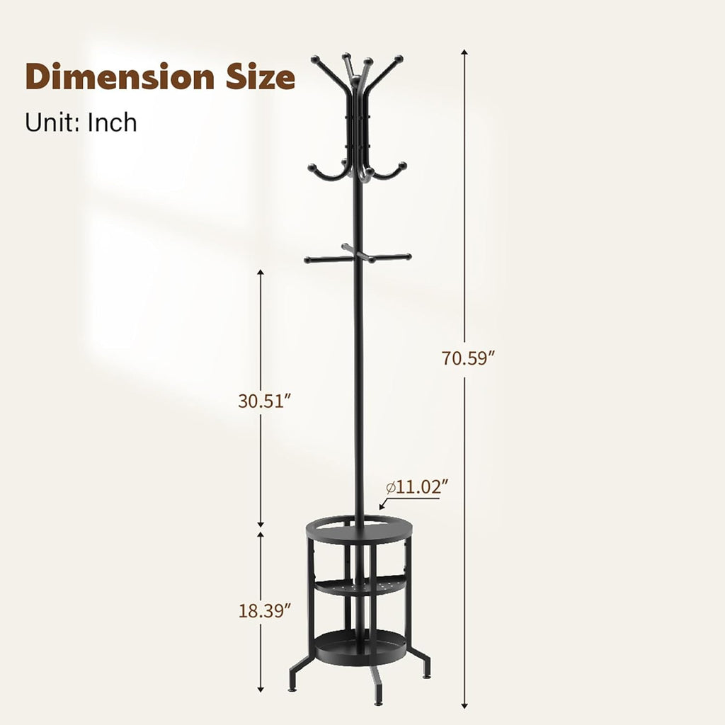 Coat Rack Freestanding, Coat Stand with Umbrella Holder, Metal Coat Tree with 12 Hooks, Coat Hanger Stand for Entryway, Coat Rack Stand for Bedroom, Living Room & Office