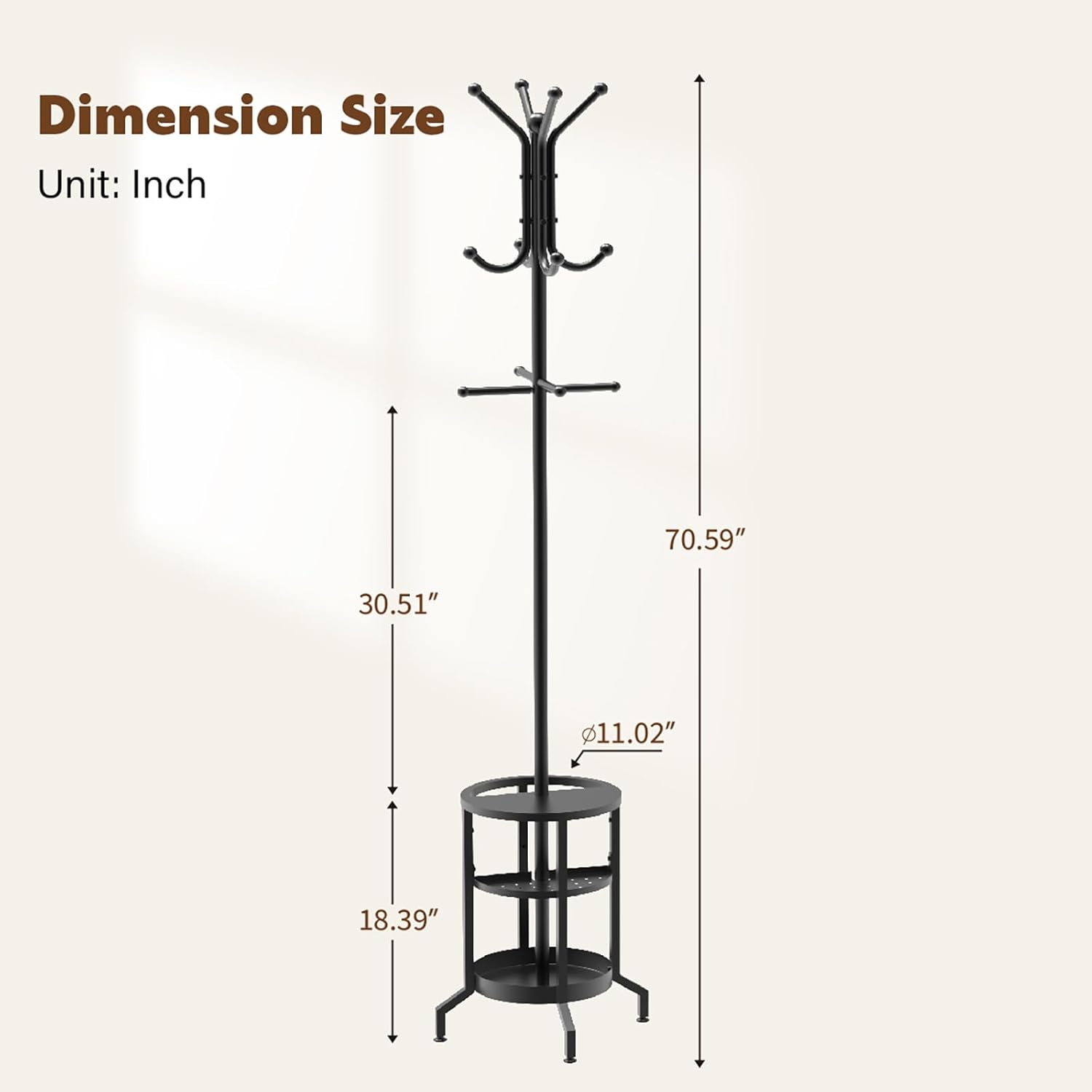 Coat Rack Freestanding, Coat Stand with Umbrella Holder, Metal Coat Tree with 12 Hooks, Coat Hanger Stand for Entryway, Coat Rack Stand for Bedroom, Living Room & Office