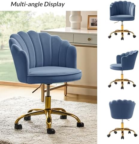 HULALA HOME Velvet Home Office Desk Chair with Gold Base, Slate-Blue | Adjust...