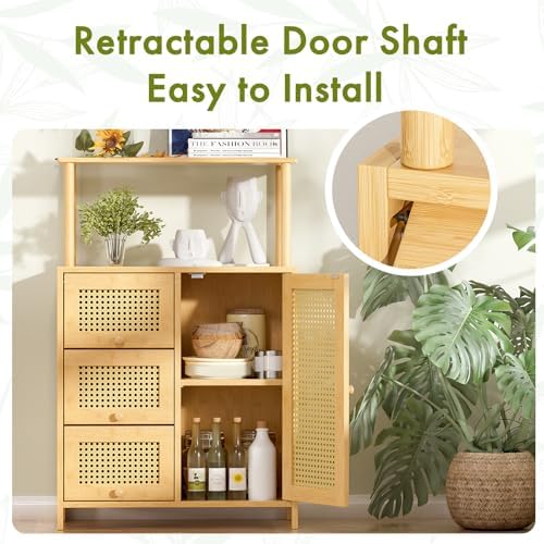 Amazer Sideboard Buffet Cabinet with Storage, Bamboo Storage Cabinets, Rattan...