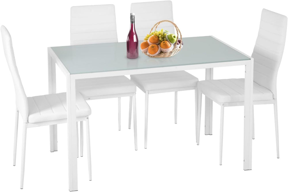 FDW | 5-Piece Dining Table Set | White | Glass Kitchen Table with 4 Upholster...