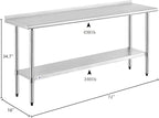ROCKPOINT Stainless Steel Table for Prep & Work with Backsplash 18x72 Inches, NSF Metal Commercial Kitchen Heavy Duty Table with Adjustable Under Shelf and Table Foot for Restaurant, Home and Hotel