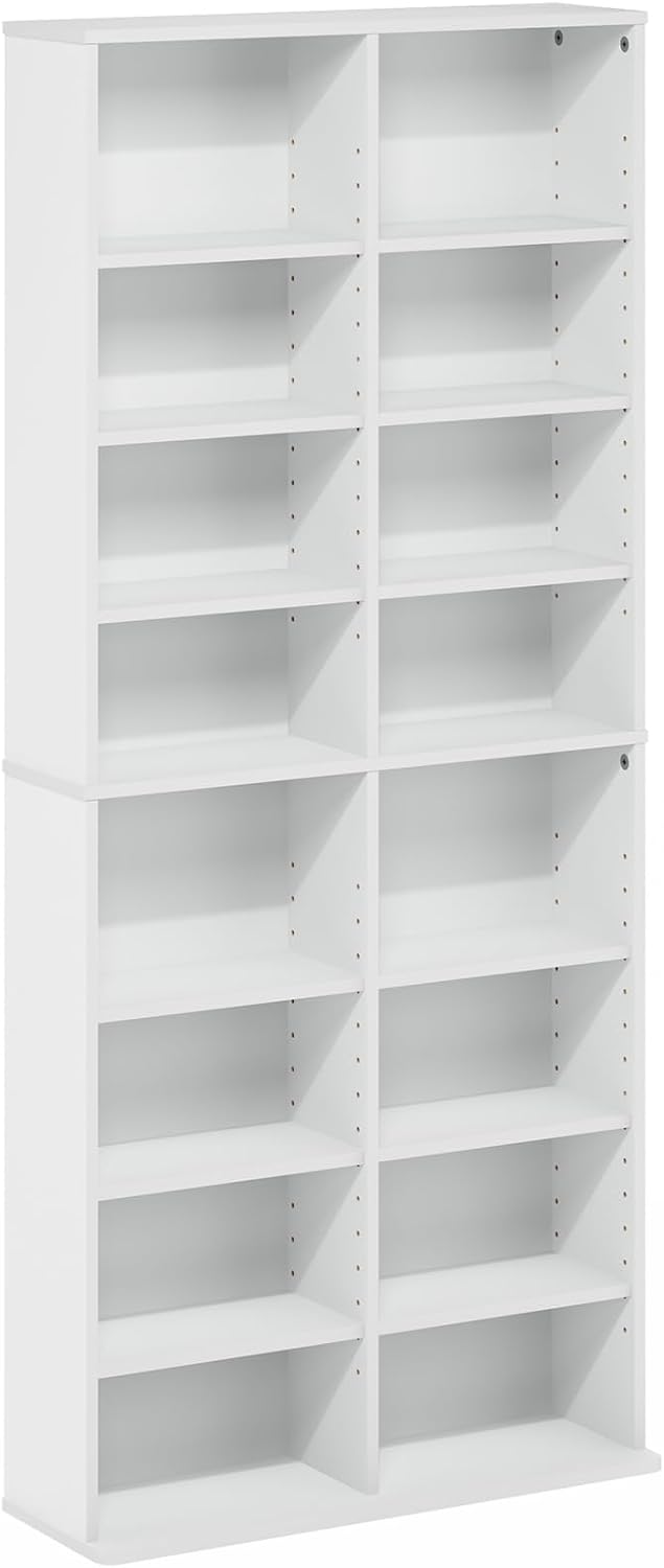 16-Shelf Wide CD Rack, 8 x 2 DVD Storage Cabinets with Adjustable Shelves, Easy Assembly DVD Shelf, Media Shelf for CD Blueray Game Disc, for Home Office, Living Room, White