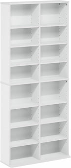 16-Shelf Wide CD Rack, 8 x 2 DVD Storage Cabinets with Adjustable Shelves, Easy Assembly DVD Shelf, Media Shelf for CD Blueray Game Disc, for Home Office, Living Room, White