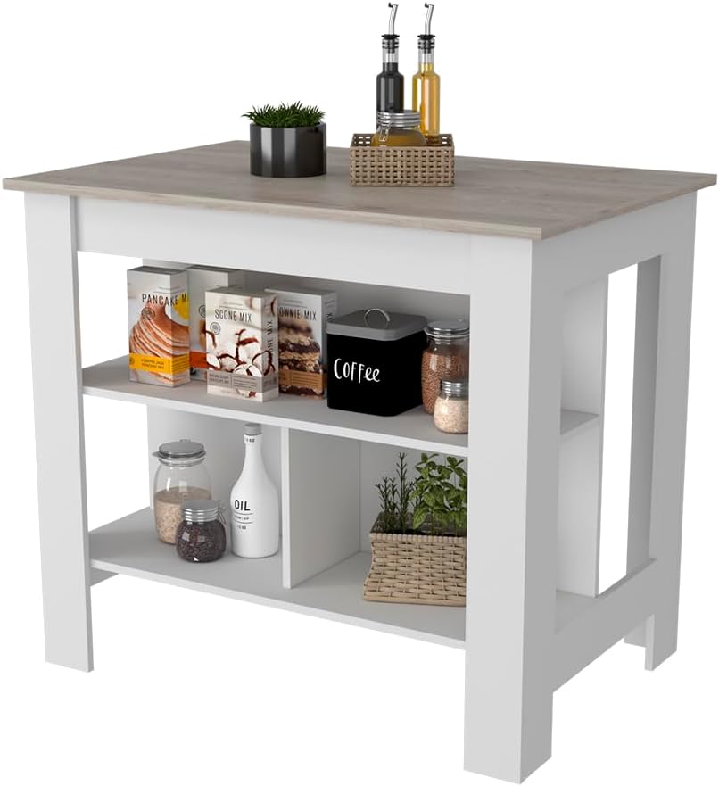 Kitchen Island with Three Shelves Light Gray/White Finish | Tabletop with sil...