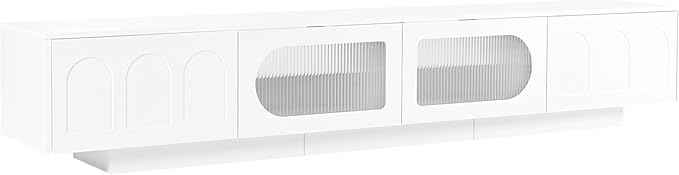 Ball & Cast Modern TV Stand with Fluted Tempered Glass Doors for TVs up to 95'', Entertainment Center w/Led Lights, Cabinets & 2 Drawers,Arched Door Design,Media Console for Living Room,White