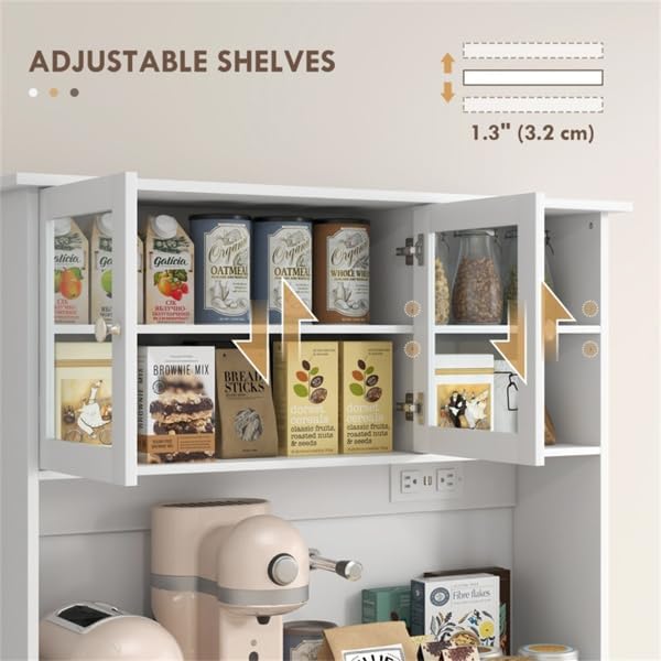 Freestanding Kitchen Storage Cabinet with Drawers, Adjustable Shelves, Glass ...