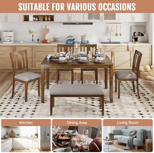 Zevemomo 6-Piece Solid Wood Dining Table Set,Dining Table Set for 6, Walnut