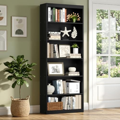 Shintenchi 6-Tier Bookshelf, Tall Bookcase & Display Storage Shelves, Black