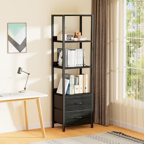 Furnulem 4 Tier Corner Shelf,Black Narrow Bookshelf with 2 Storage Drawers