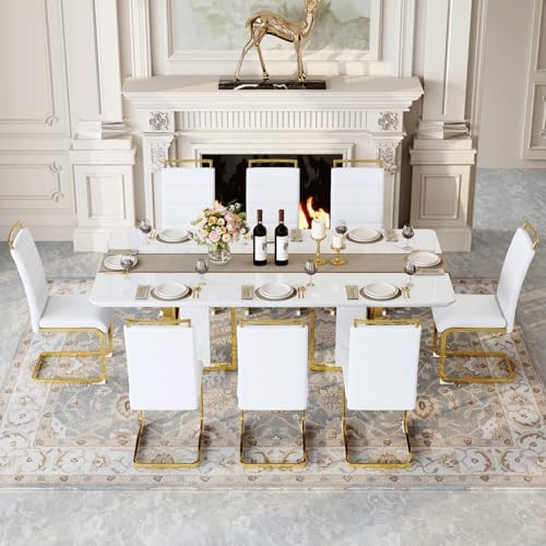 79" White Gold Dining Table Set for 8, Luxury Faux Marble Dining Table S...