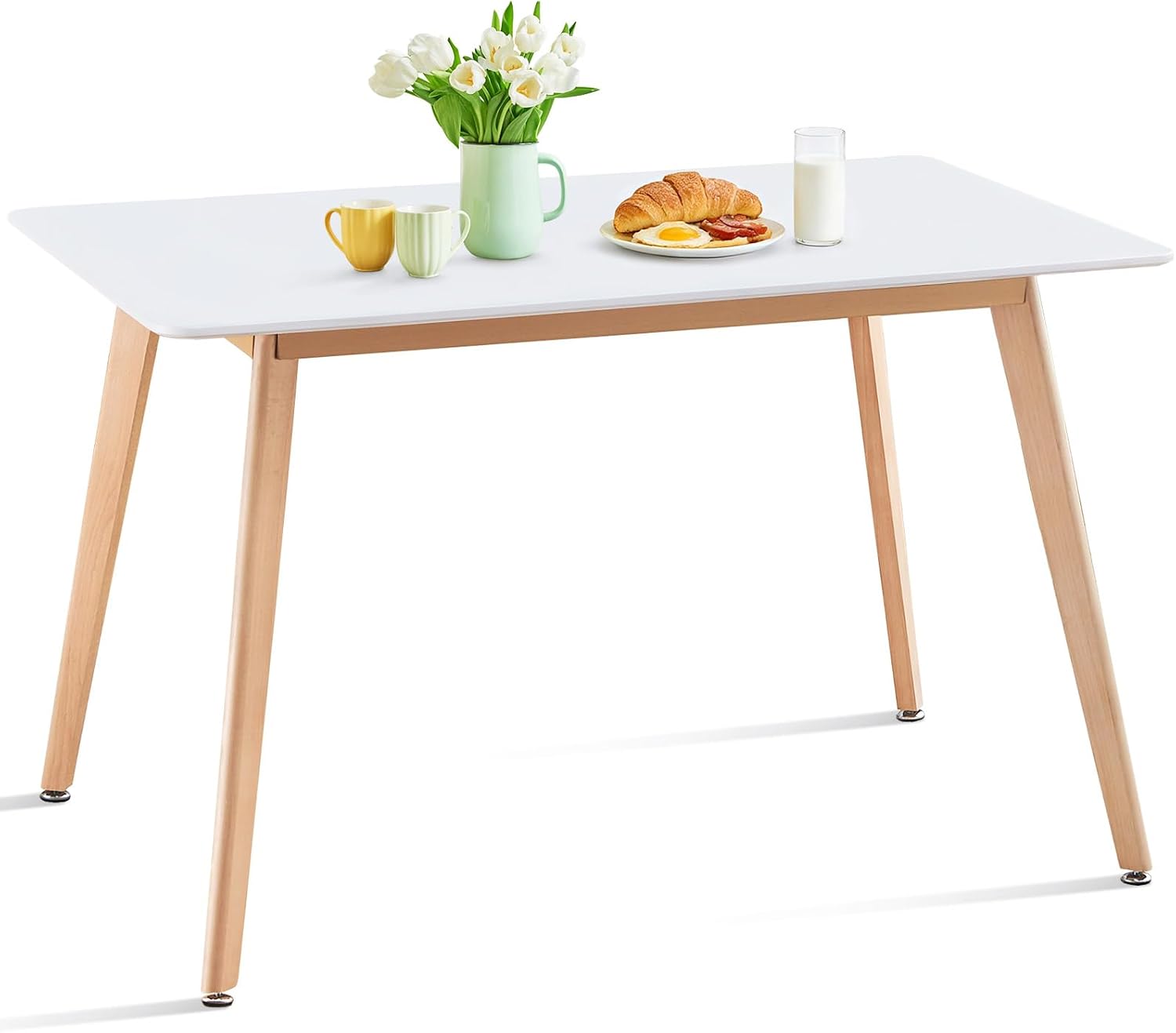 47.2" Rectangular Dining Table Wood Legs for 4-6 White | Mid century Modern Table for Small Living Room, Kitchen, Apartment, Easy Assembly