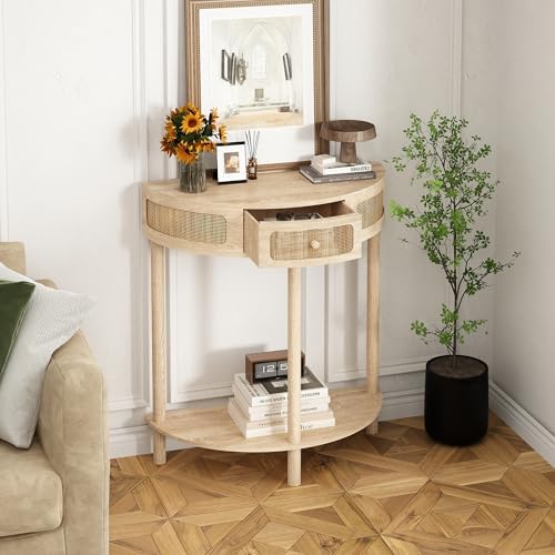 RowyPoey Rattan Half Moon Console Table, Modern Small Entryway Table