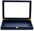 Oirlv Premium Blue Leather Flat Jewelry Tray with Acrylic Lid Jewelry Organizer Case Showcase Big Necklace Display Organizer Box with Locks for Security
