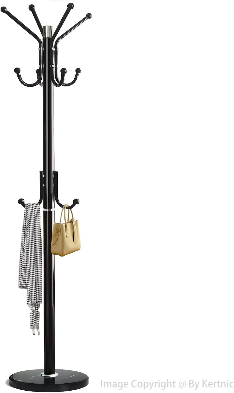 Kertnic Modern Coat Rack Freestanding with Natural Marble Base & Sturdy Metal Frame, 11 Hooks Hall Tree for Jackets, Hats, Bags, Entryway Organizer for Bedroom, Living Room, Closet (11 hooks-Black)