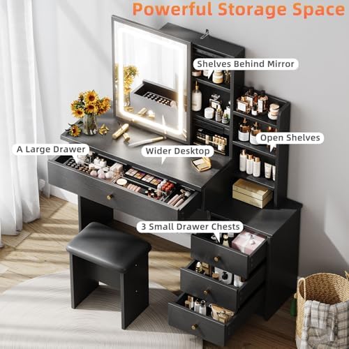 Black Vanity Desk with Sliding Mirror and Lights, Makeup Desk with Chair