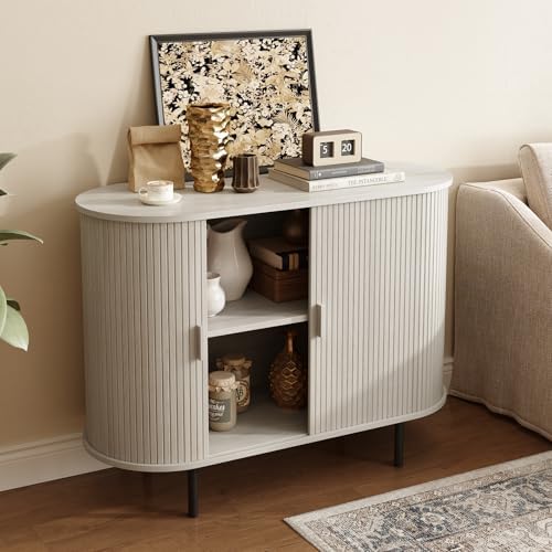 ONBRILL 40" Sideboard Buffet Cabinet with Sliding Door, Natural White