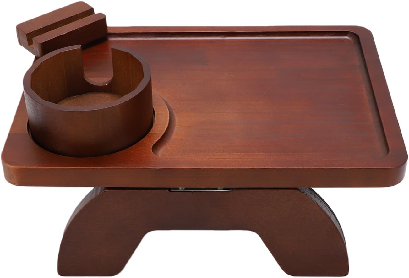 Asixxsix Sofa Arm Tray, Natural Pinewood Clip On Tray with Cup Holder and 360 Degree Rotatable Phone Stand, Foldable Couch Armrest Table for Living Room Snacks Drinks Remote Control (Brown)