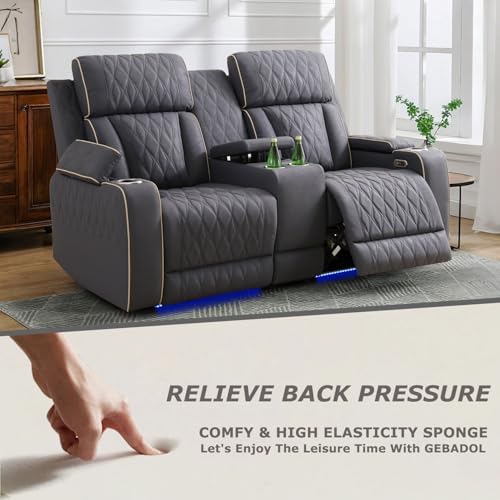 Power Reclining Sofa Set with USB Charging/LED, Blueish Grey Leather Recliner...