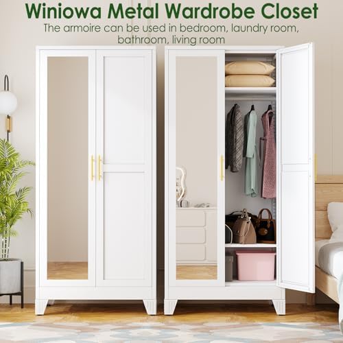 Metal Armoire Wardrobe Closet, 71" Clothing Storage Cabinet with Mirror