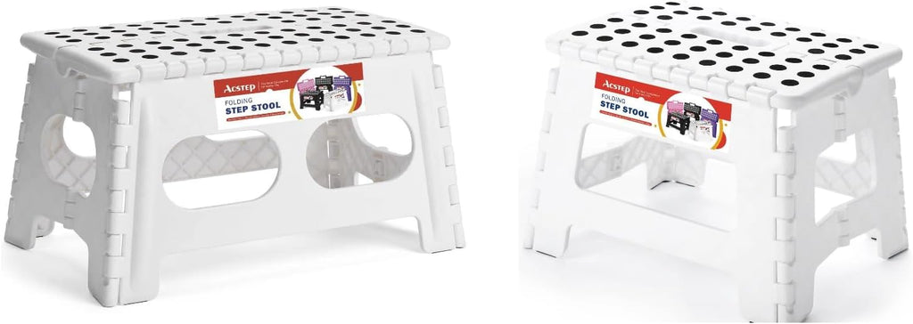 ACSTEP 9 Inch Wide and 9 Inch Folding Step Stool 2-Piece Set, 300 LB Capacity Plastic Foldable Stools with Handle, Non-Slip Step Stool, Home Use (White & White)
