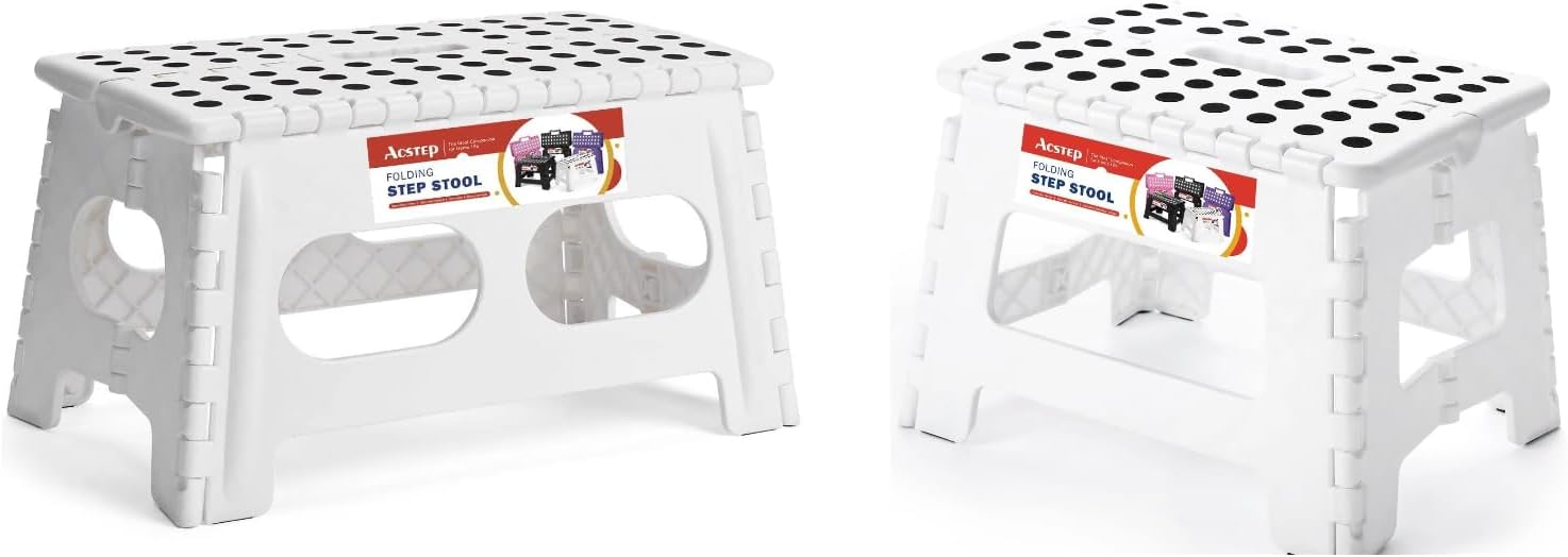 ACSTEP 9 Inch Wide and 9 Inch Folding Step Stool 2-Piece Set, 300 LB Capacity Plastic Foldable Stools with Handle, Non-Slip Step Stool, Home Use (White & White)
