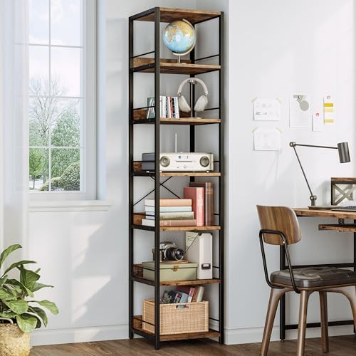 IRONCK 75" Tall Narrow Book Shelf, 6-Tier Open Bookshelf, Rustic Brown
