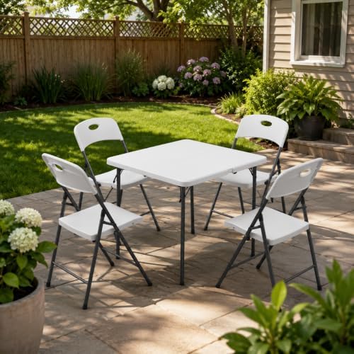 Folding Table and Chairs Set for 5, 36 Inch Foldable Plastic Table with Carry Handle & 4 White Folding Chairs, Portable Indoor Outdoor Dining Set for Party, Wedding, Picnic, Camping, Events