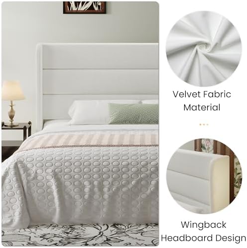 SHA CERLIN Queen Size Velvet Bed Frame with Wingback Headboard/Upholstered Pl...