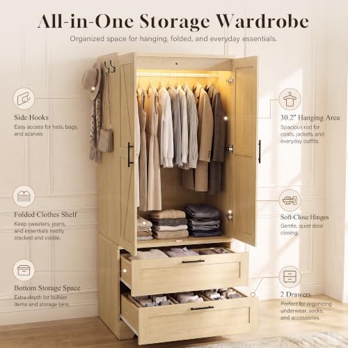 YESHOMY 70.9" Wardrobe Closet with Sensor Light, 2 Drawers (Oak)