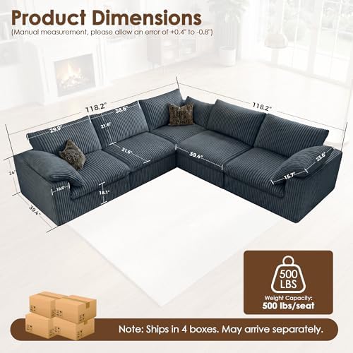 118" Cloud Couch Oversized Modular Sectional Sofa, L-Shaped 5 Seater Dee...