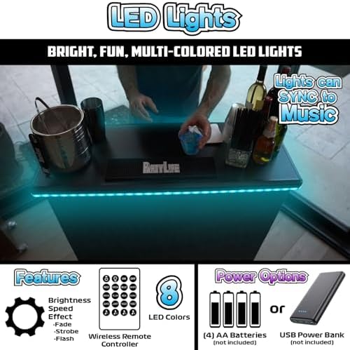 PartyLife NEW & Improved Portable Bar Table w/LED Lights, Folding Steel L...